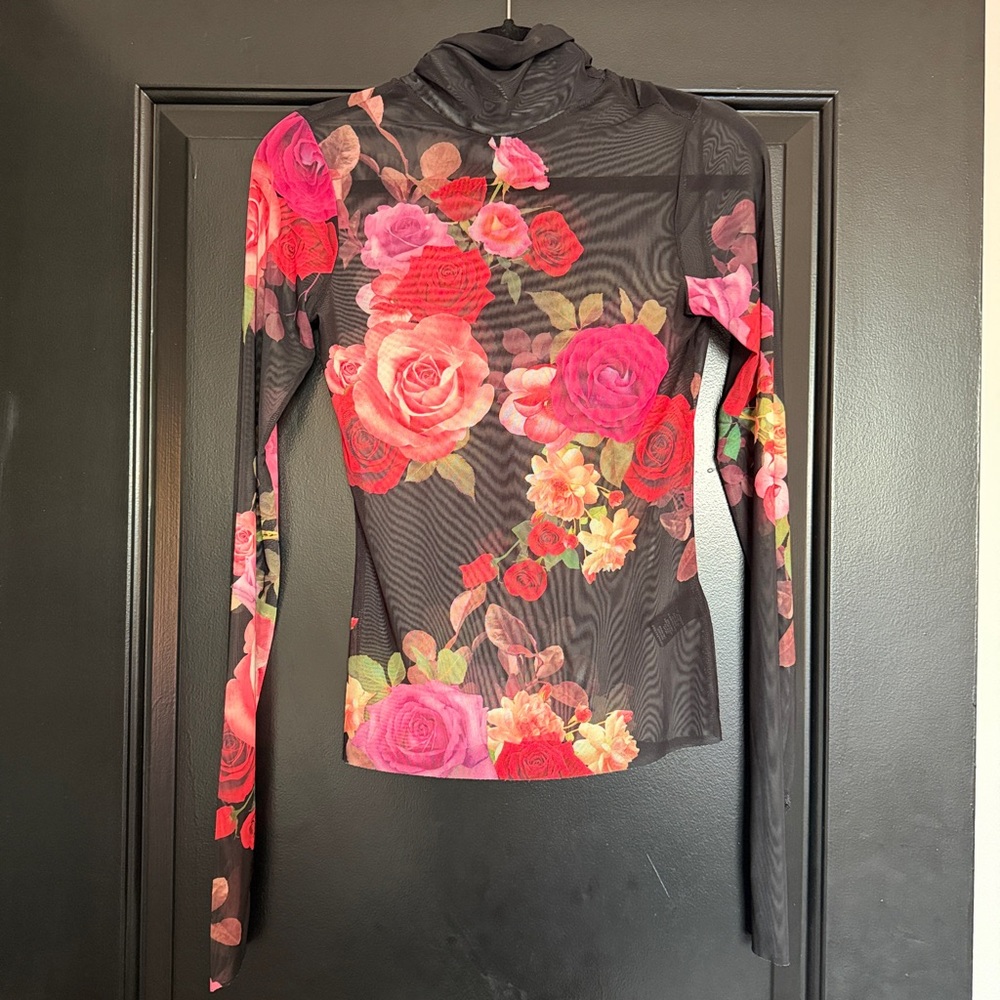 AFRM Floral Long Sleeve Mesh Turtleneck Top
